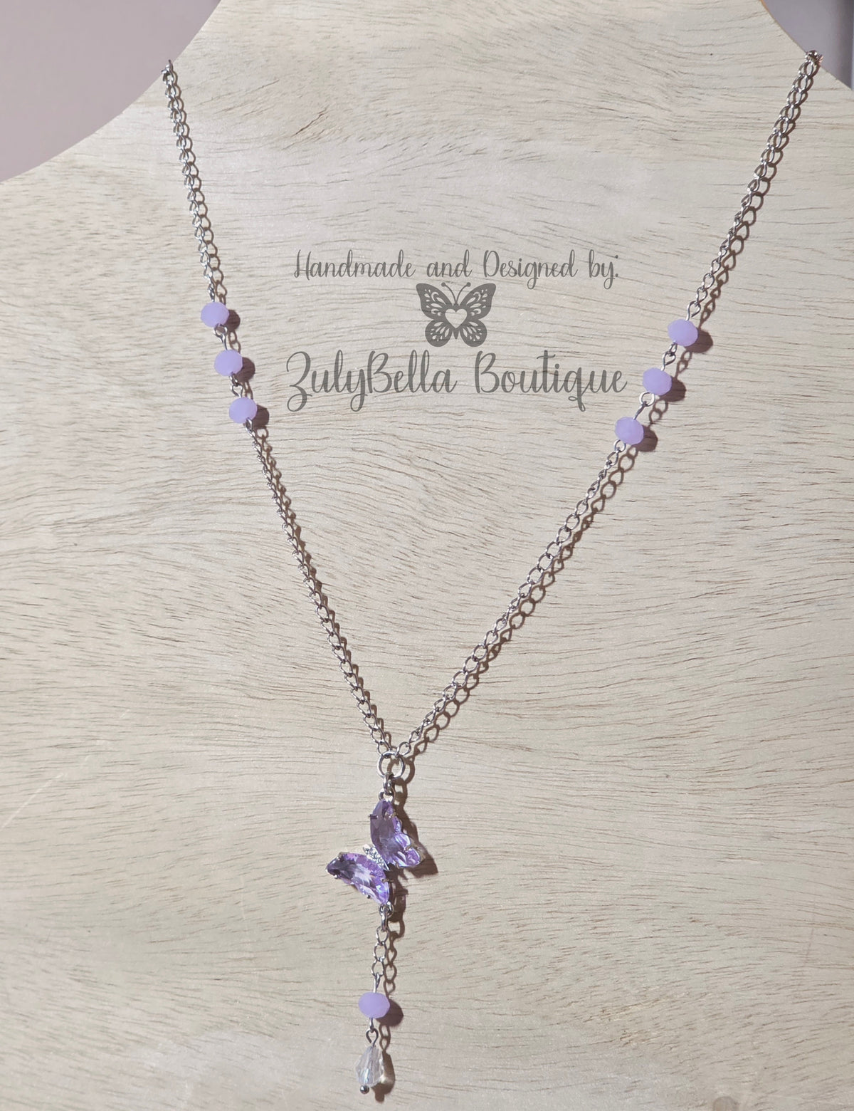 Lavender Glass Butterfly Pendant Stainless Steel Chain Necklace - 19"