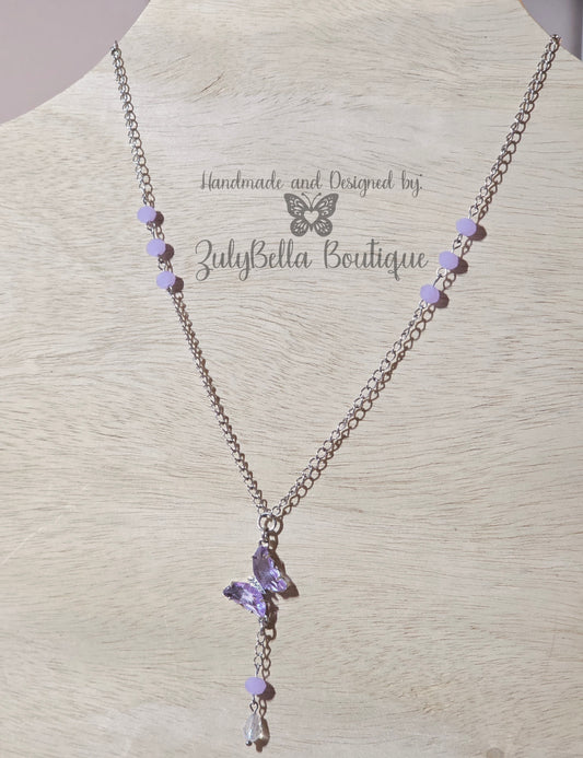 Lavender Glass Butterfly Pendant Stainless Steel Chain Necklace - 19"