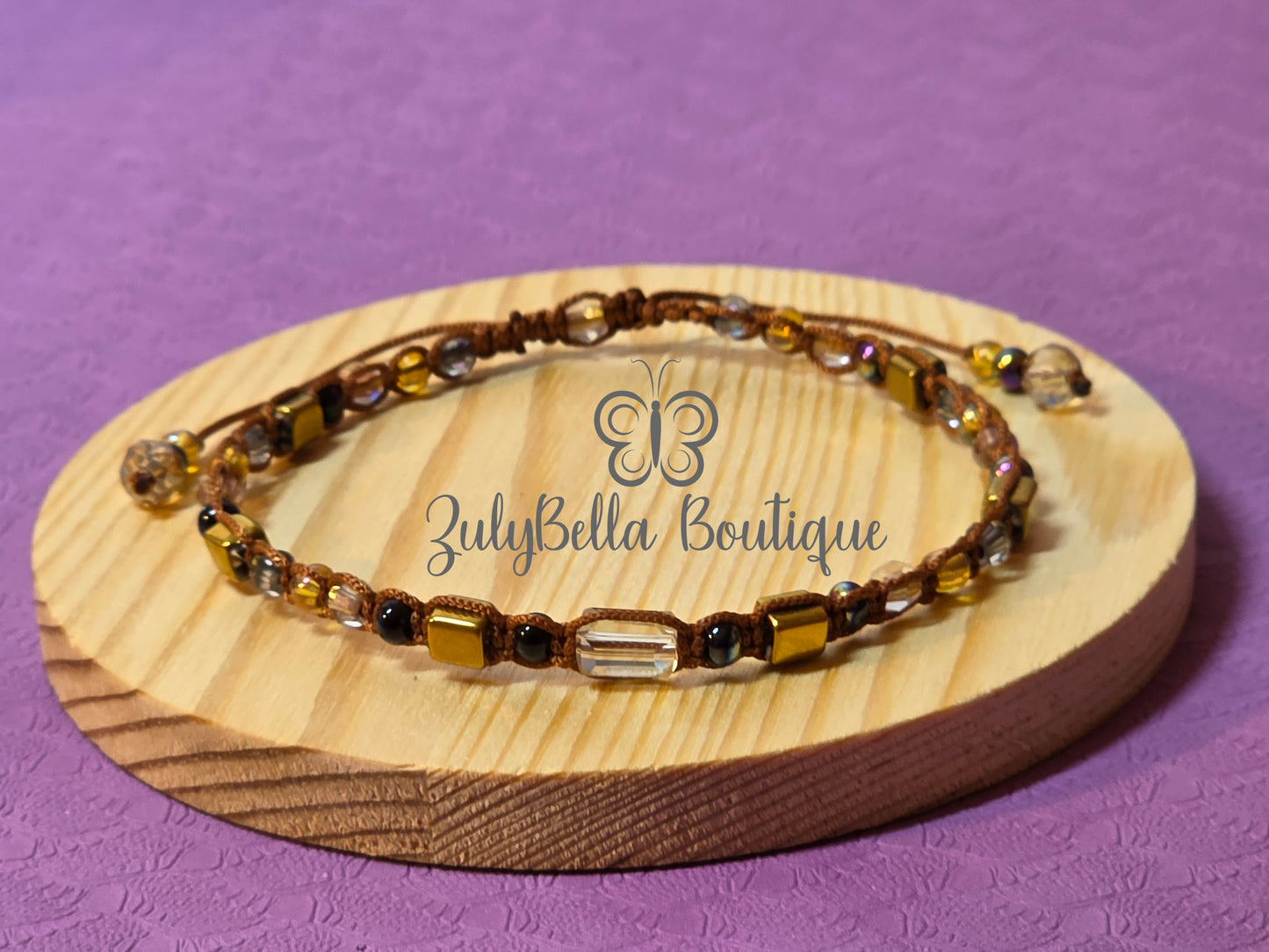 Macrame Cord Bracelet Adjustable Slider - Brown and Gold