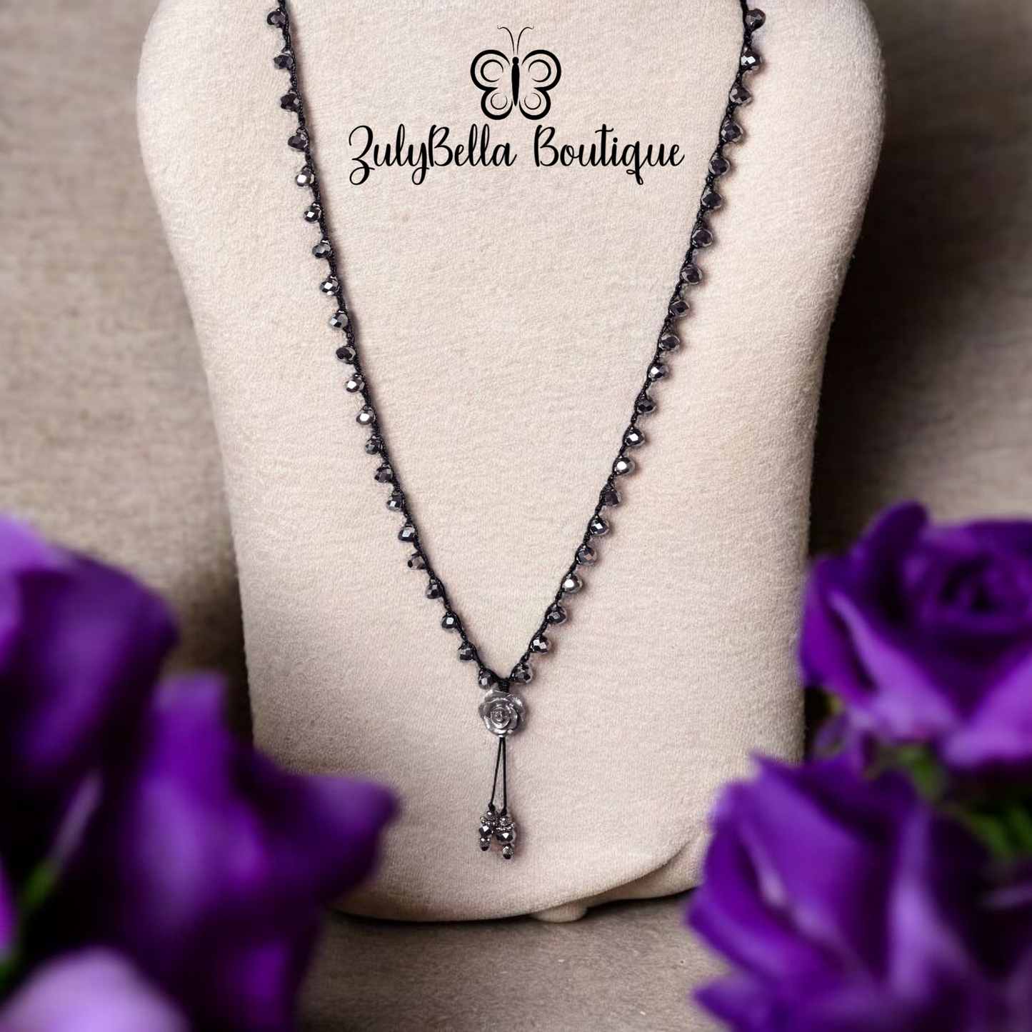Crochet Beaded Necklace - Silver Rose
