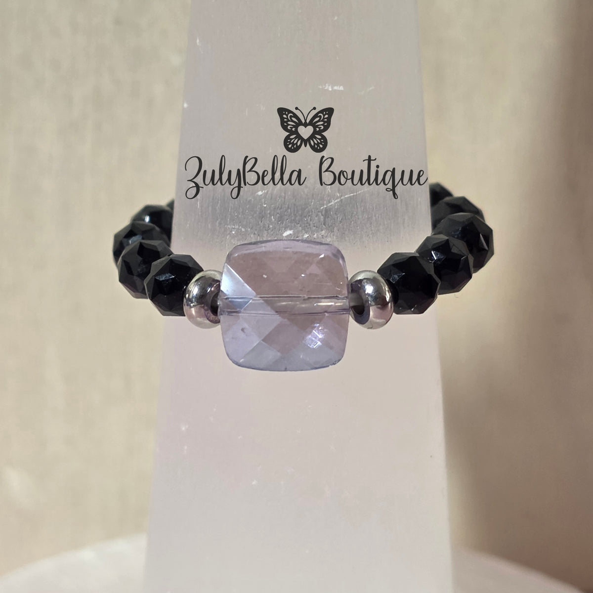 Beaded Ring - Lavender and Black - Size #7.5