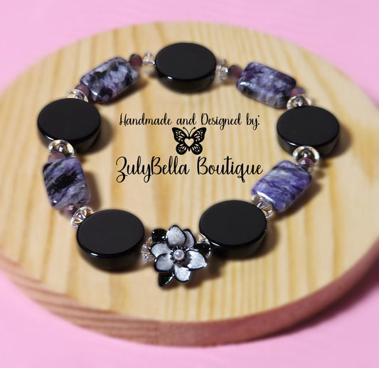 Black Obsidian and Charoite Stretchy Bracelet- Size 7.5"