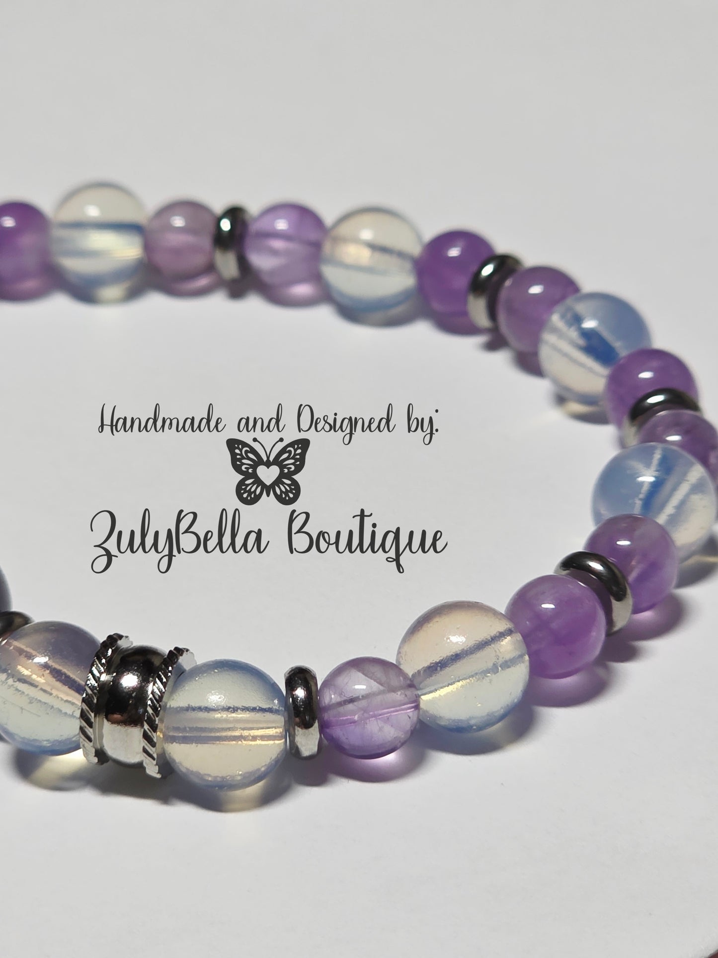 Amethyst, Opalite and Cateye Heart Stretchy Bracelet. 7.5"