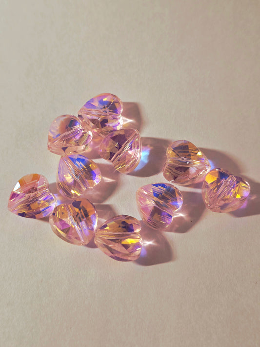 Faceted 10mm Pink Glass Heart Loose Beads - 10pcs.