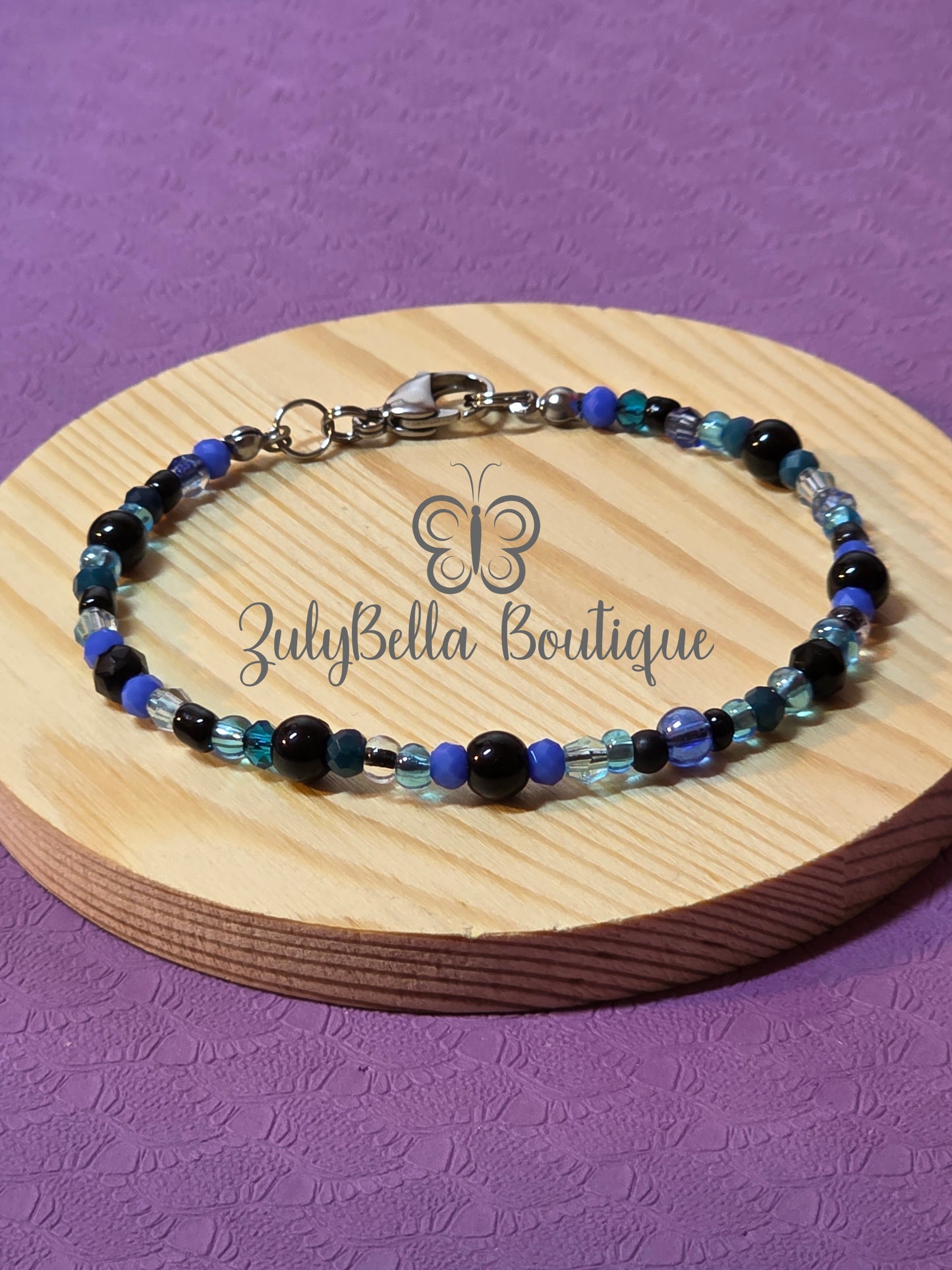 Cord Bracelet with Lobster Clasp - Black and Blue Glass Beads.