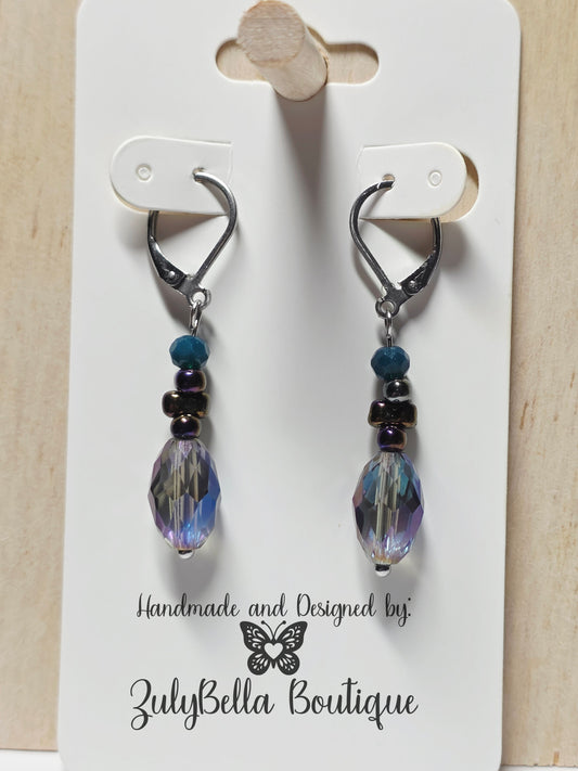 Dangle Earrings Faceted Purple Blue Ovals.