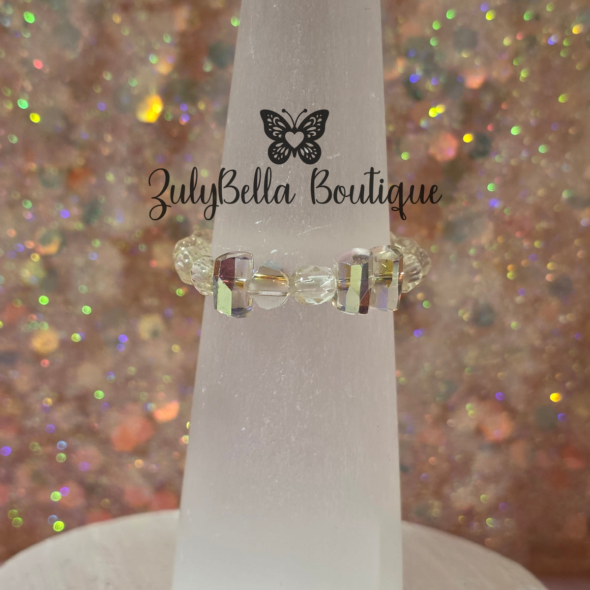 Beaded Ring - Ab Clear and Light Champagne - Size #8