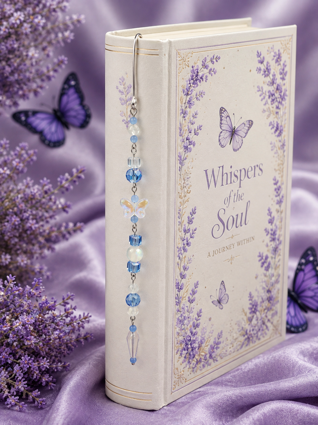 Wire Beaded Dangle Bookmark- Butterfly / Blue and White