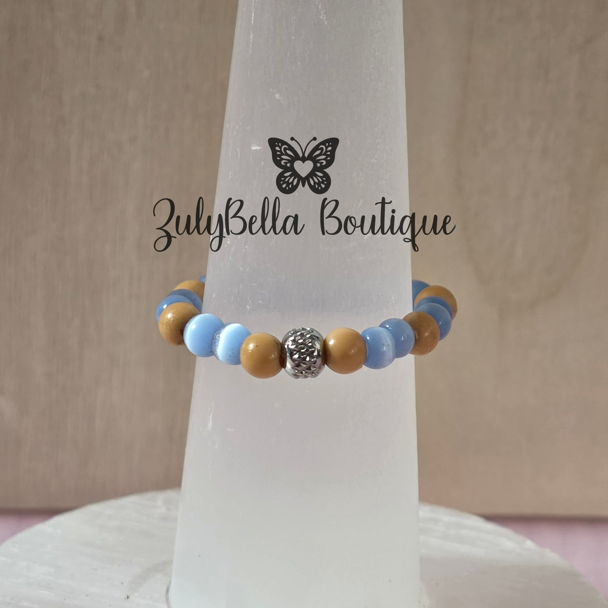 Beaded Ring - Blue Cateye and  Camel Brown - Size #10