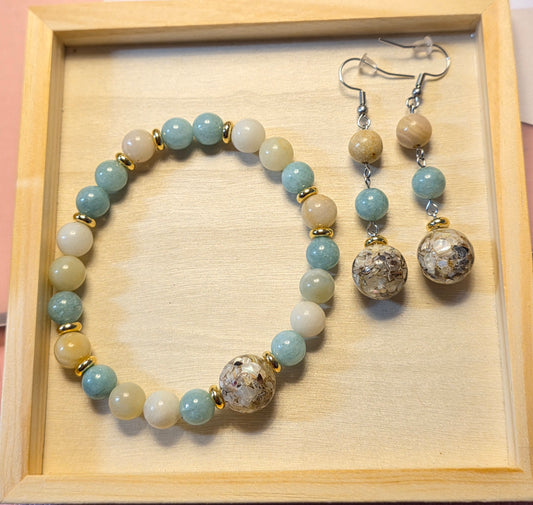 Celeste Jade - Resin Shell  Natural Gemstone Bracelet and Earring  Jewelry Set.