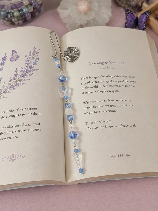 Wire Beaded Dangle Bookmark- Butterfly / Blue and White