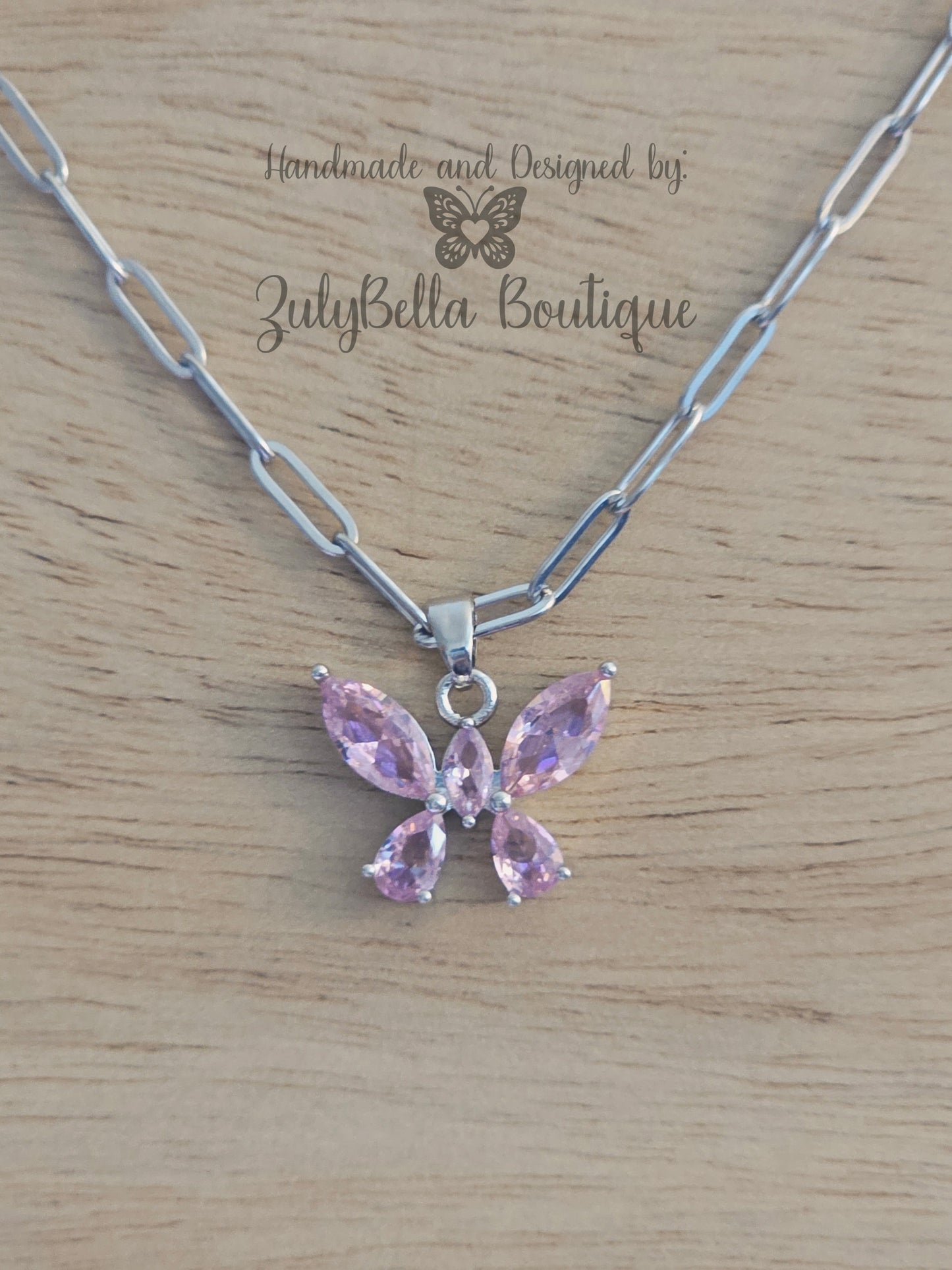 Pink Butterfly Stainless Steel Chain Necklace - 18" + 2" Extender