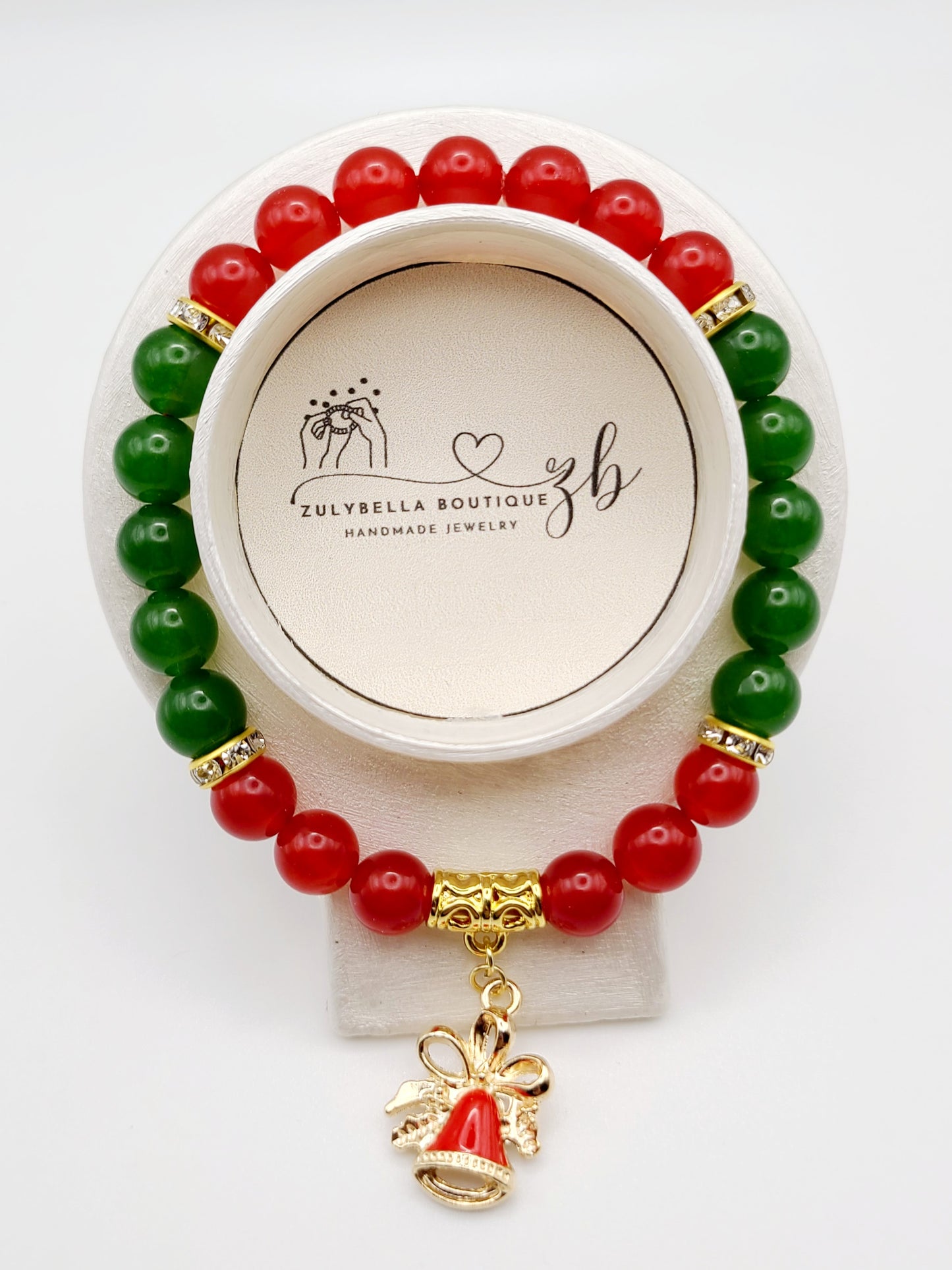 Natural Gemstone Jade Beaded Bracelet with Christmas Bell Charm