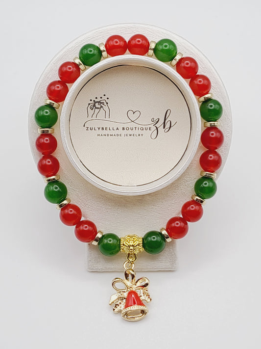 Natural Gemstone Jade Beaded Christmas Bracelet with Bell Charm