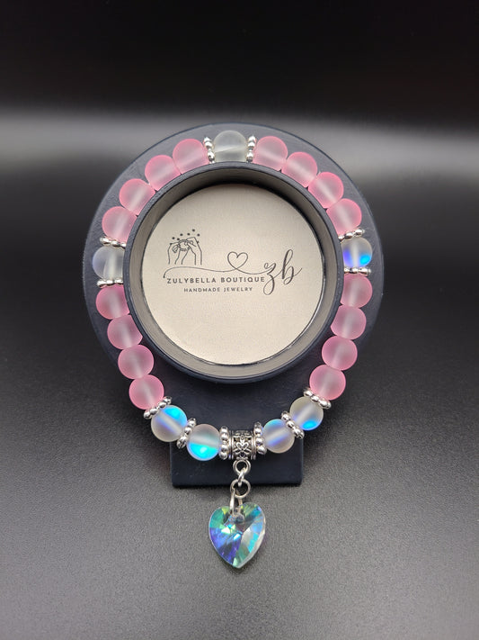 Pink Frosted Glass Beaded Bracelet with Heart