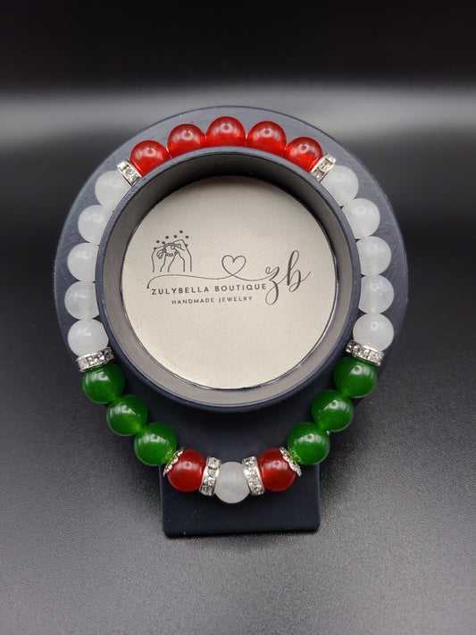 Jade Gemstone Beaded Natural Gemstone Bracelet- Red, White and Green.