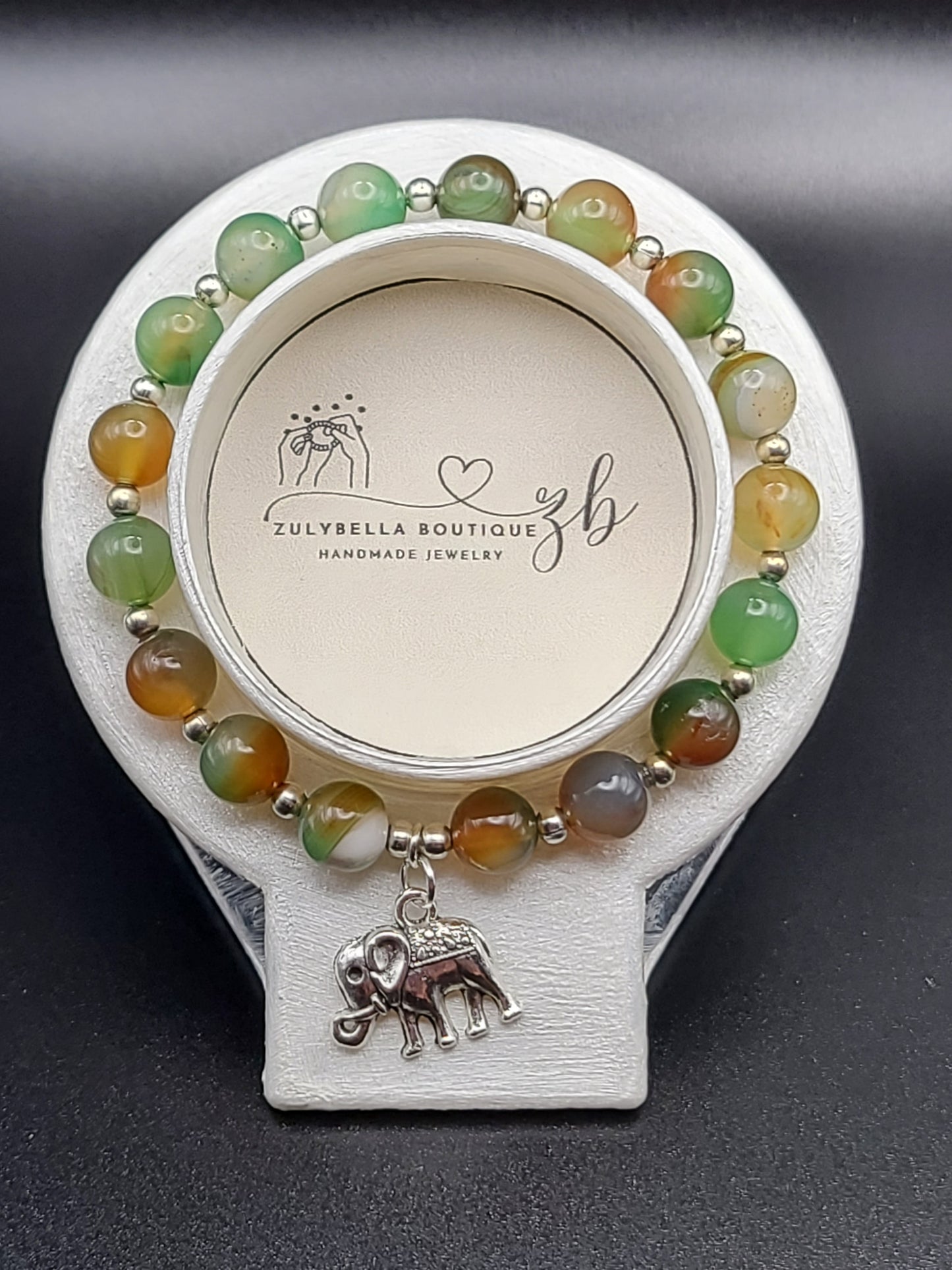 Peacock Agate Natural Gemstone Beaded Bracelet with Elephant Charm