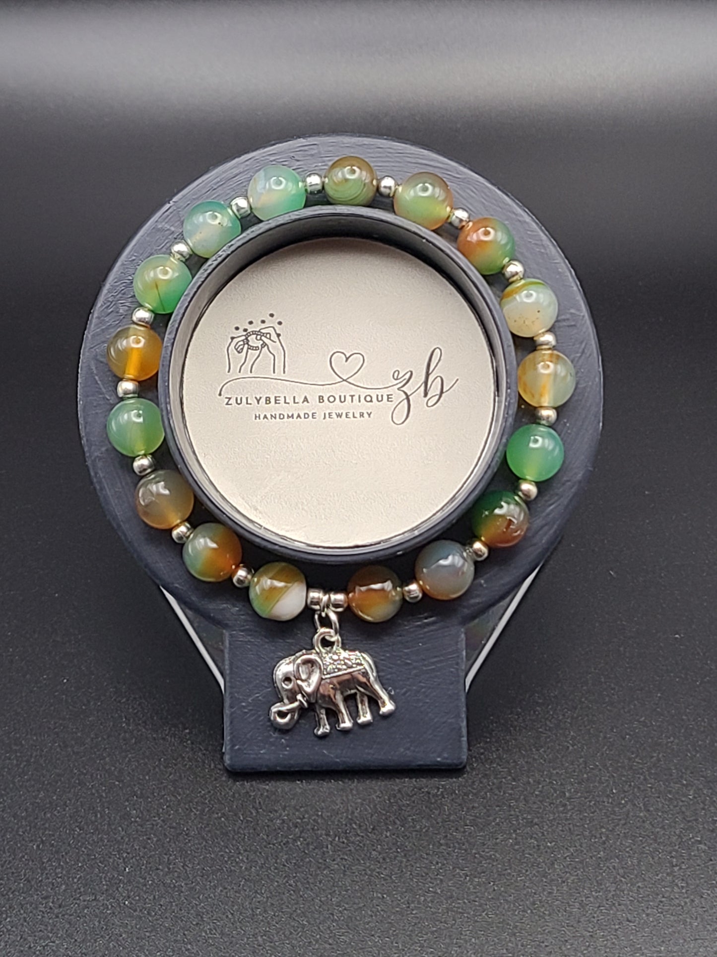 Peacock Agate Natural Gemstone Beaded Bracelet with Elephant Charm