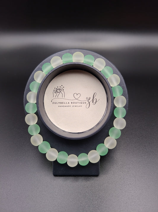 Frosted Glass Beaded Bracelet- Green/ White