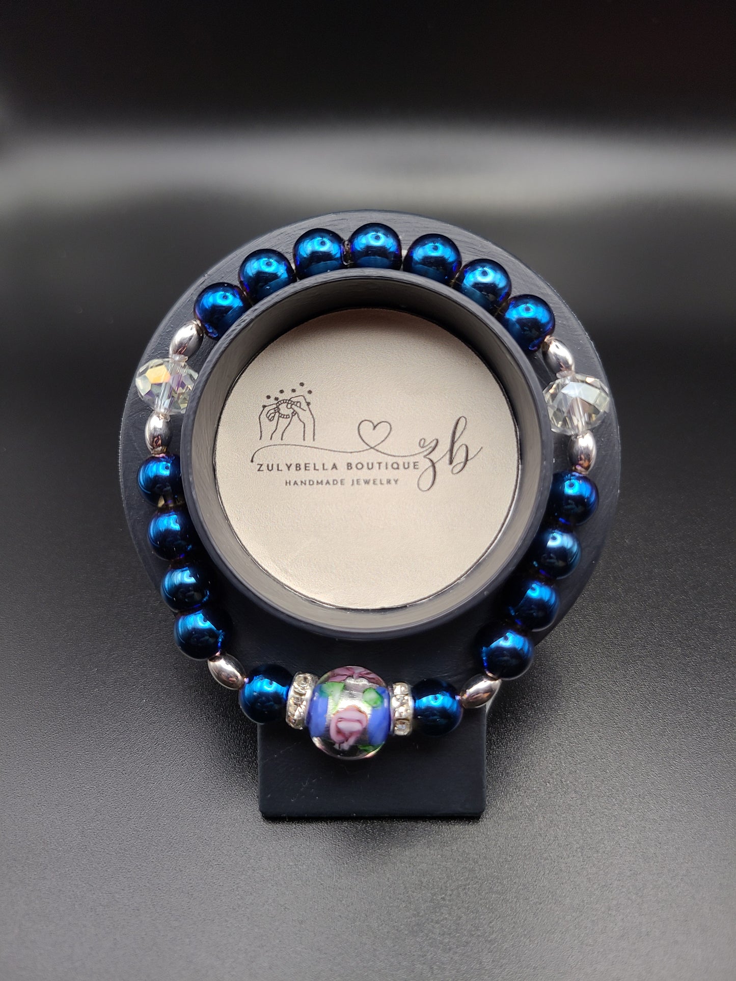 Metallic Blue Glass Beaded Bracelet with Focal Bead