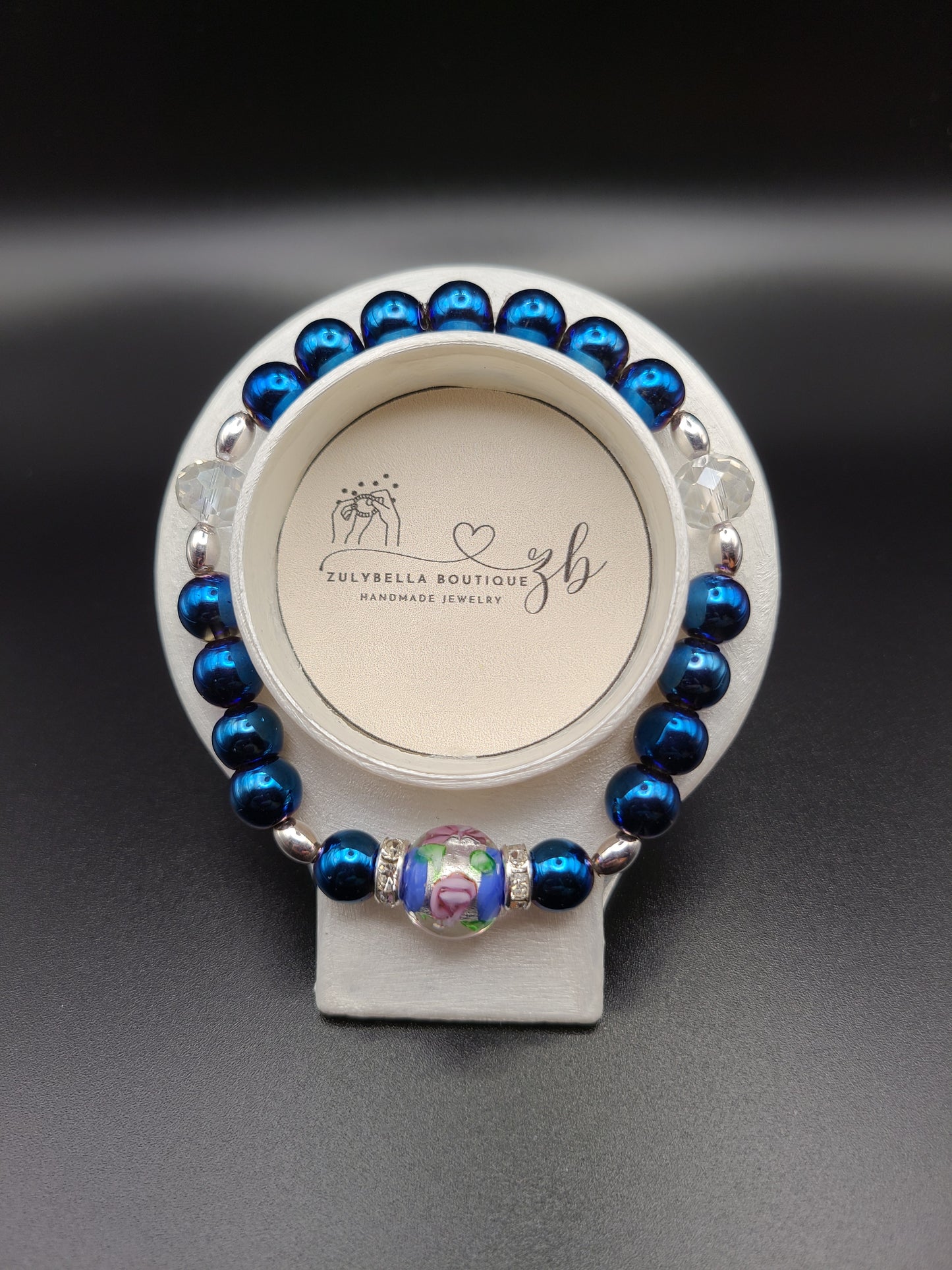 Metallic Blue Glass Beaded Bracelet with Focal Bead