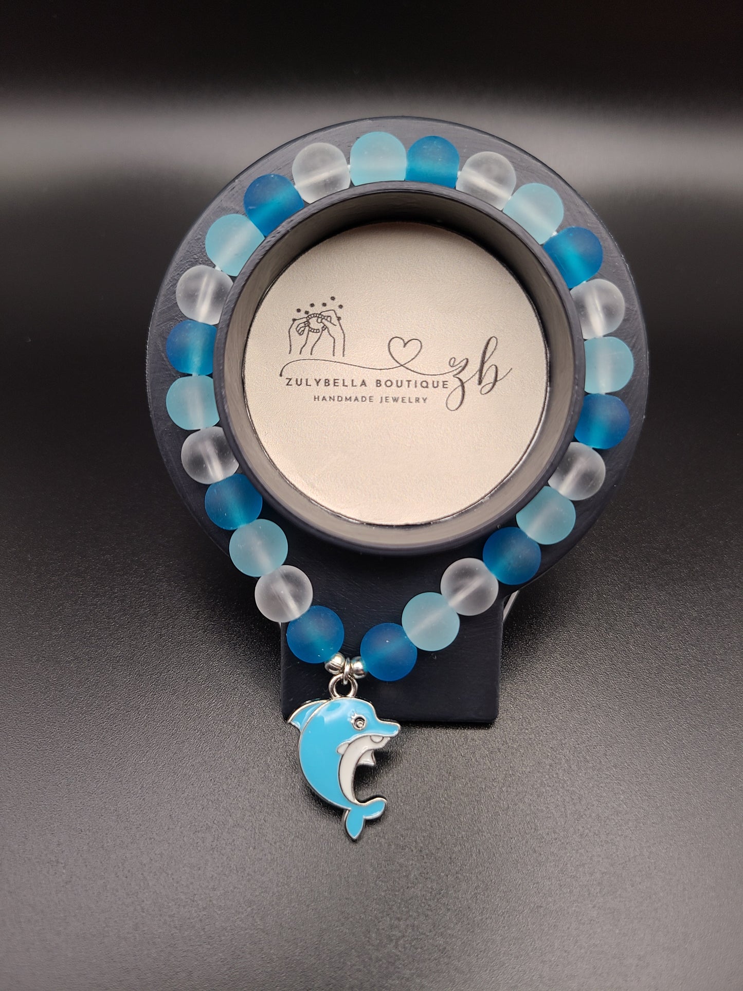 Blue Frosted Glass Beaded Bracelet with Dolphin Charm