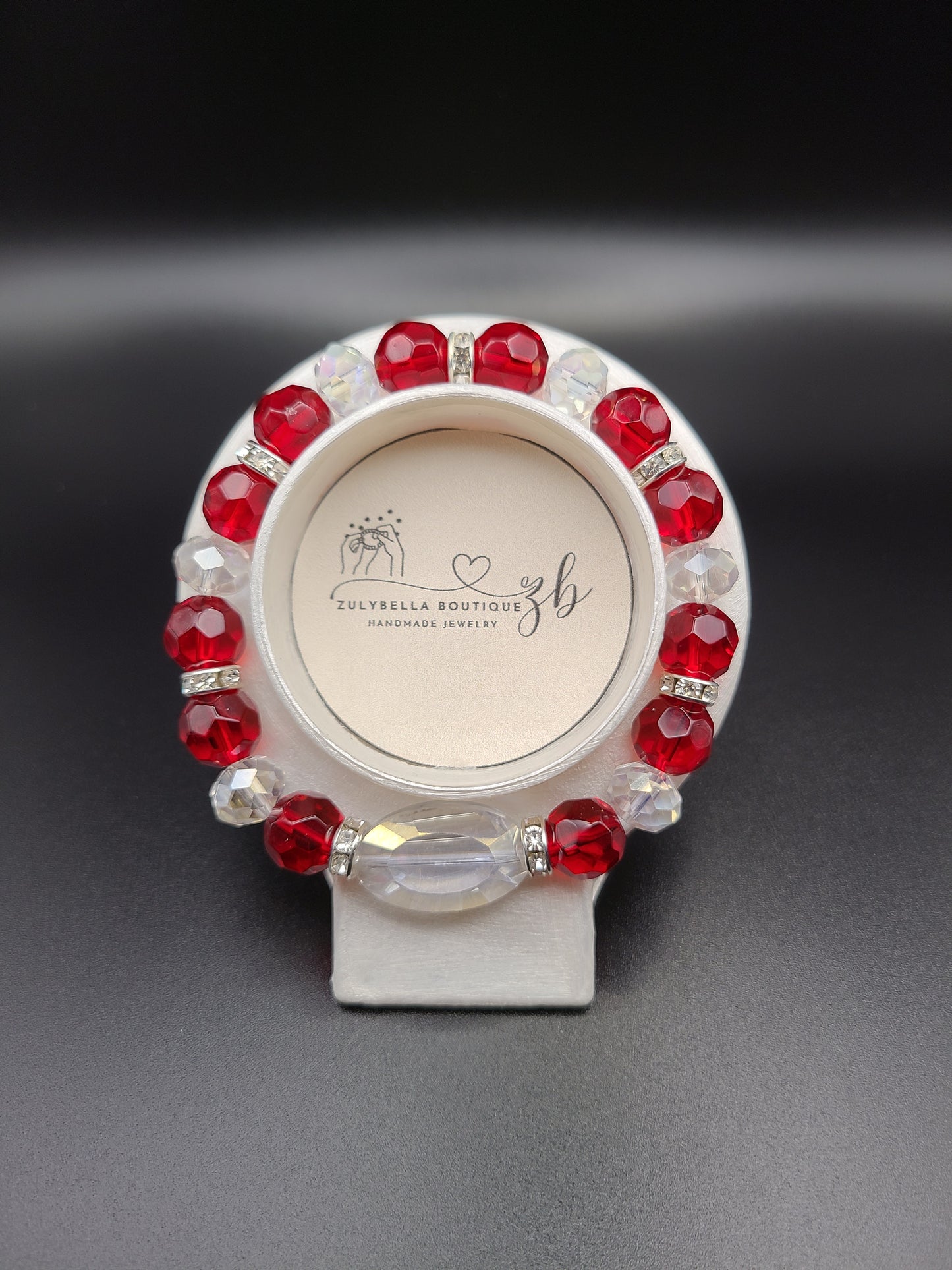 Faceted Glass Beaded Bracelet-Red/ Clear with Glass Oval focal bead.