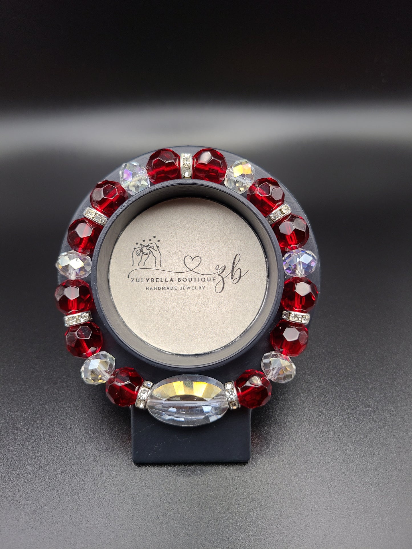 Faceted Glass Beaded Bracelet-Red/ Clear with Glass Oval focal bead.