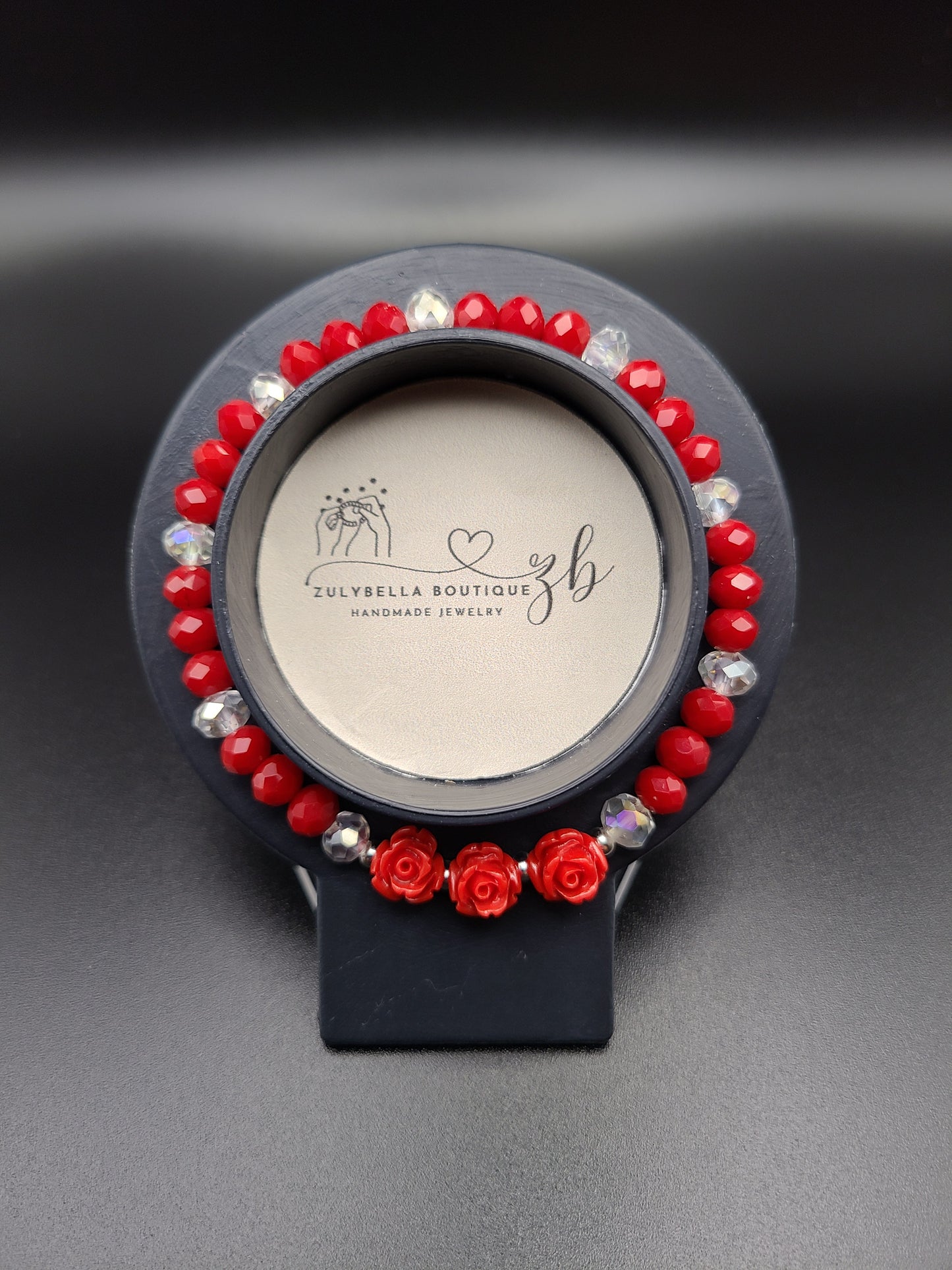 Glass Beaded Bracelet-Red/Clear with Roses