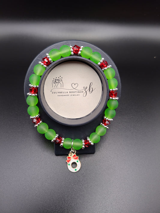 Frosted Glass Beaded Bracelet- Green/ Red with Christmas Wreath Charm