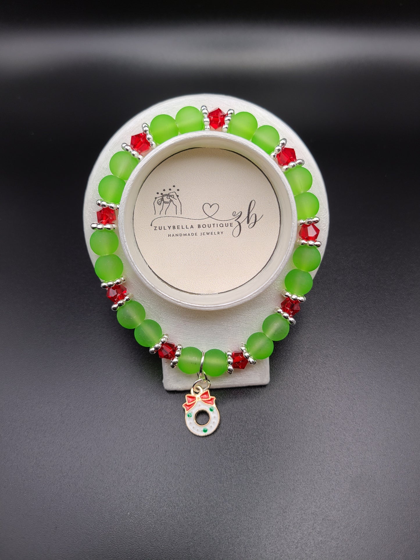 Frosted Glass Beaded Bracelet- Green/ Red with Christmas Wreath Charm