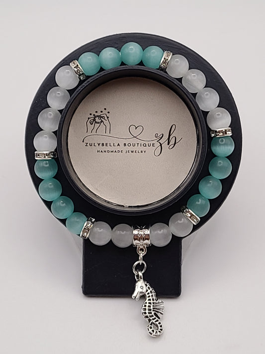 Iceberg Frost and White Cat Eye Beaded Bracelet with Seahorse Charm