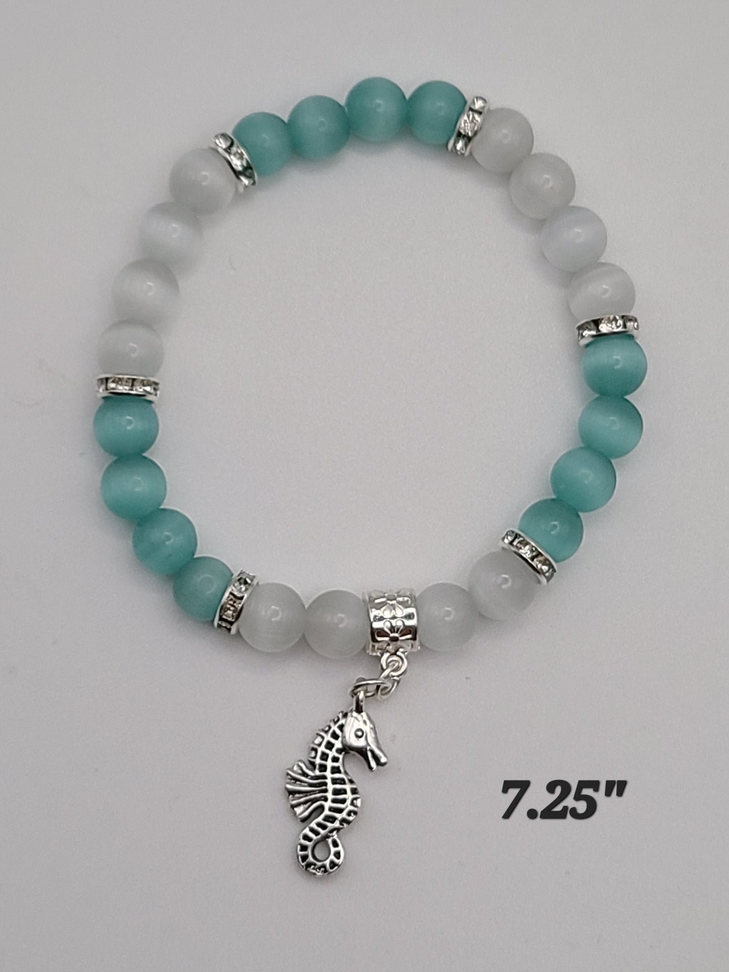 Iceberg Frost and White Cat Eye Beaded Bracelet with Seahorse Charm