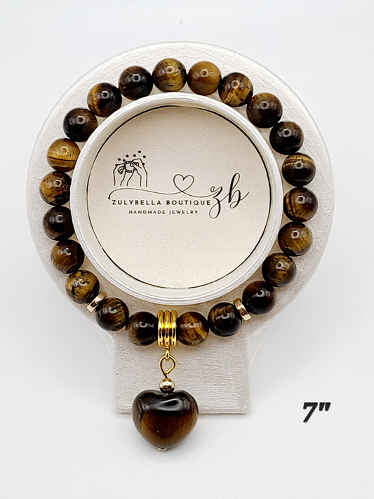 Tiger Eye Natural Gemstone Bracelet with Gemstone Heart Shaped Charm