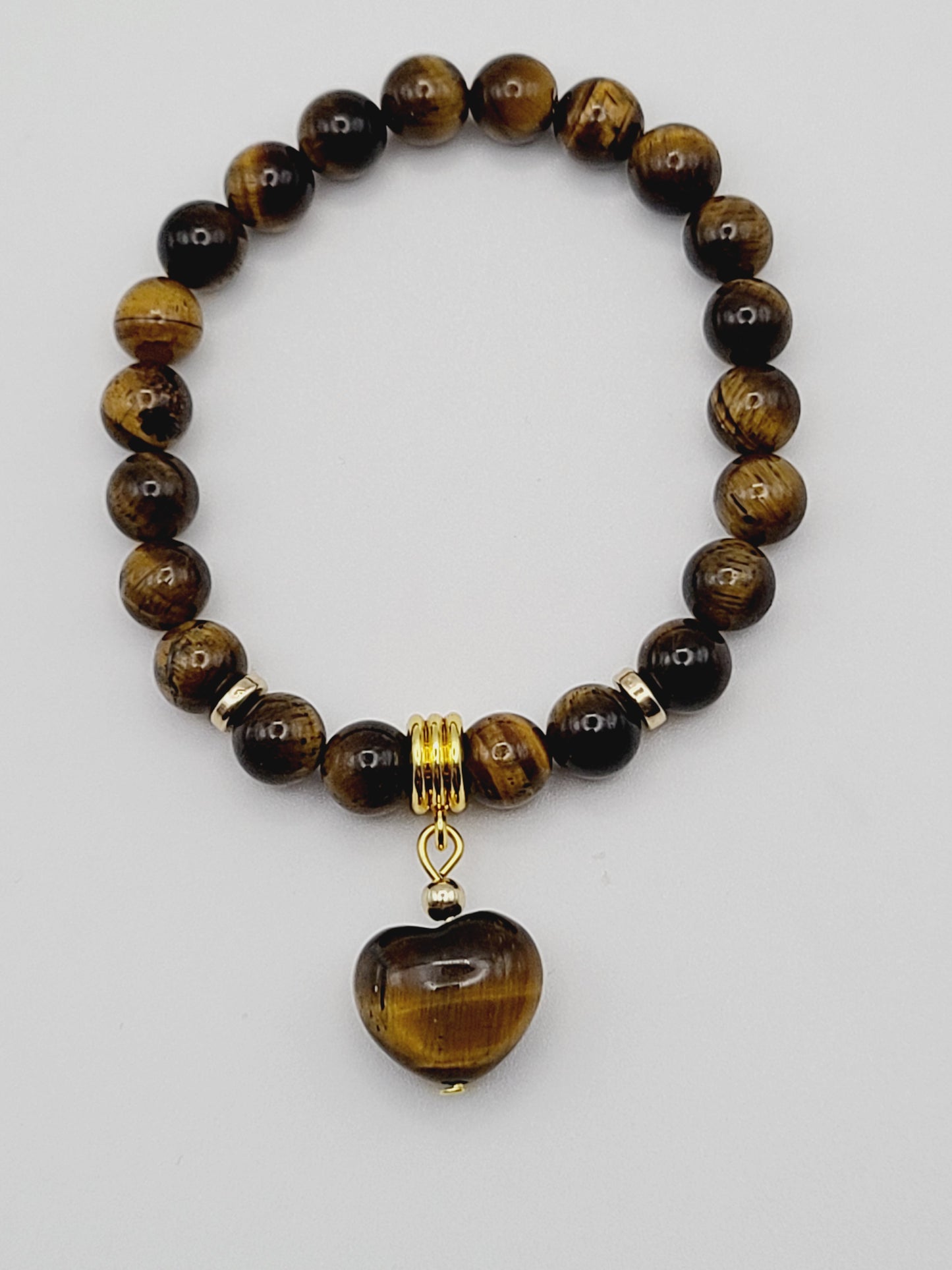 Tiger Eye Natural Gemstone Bracelet with Gemstone Heart Shaped Charm