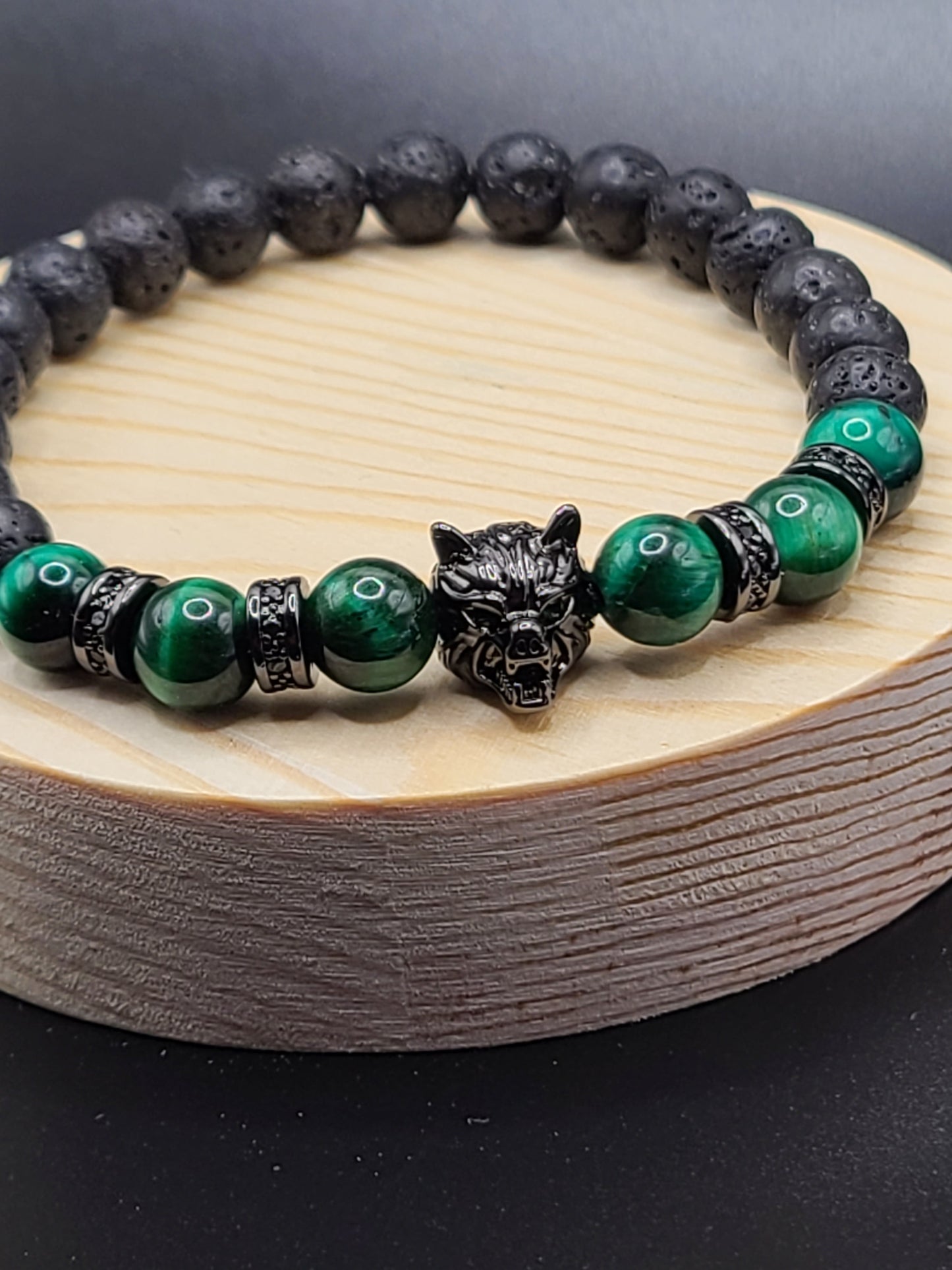 Green Tiger Eye and Lava Stone- Natural Gemstone Beaded Bracelet with Wolf Head Spacer.