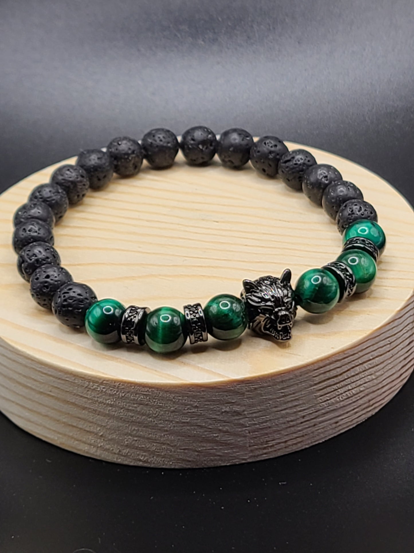 Green Tiger Eye and Lava Stone- Natural Gemstone Beaded Bracelet with Wolf Head Spacer.