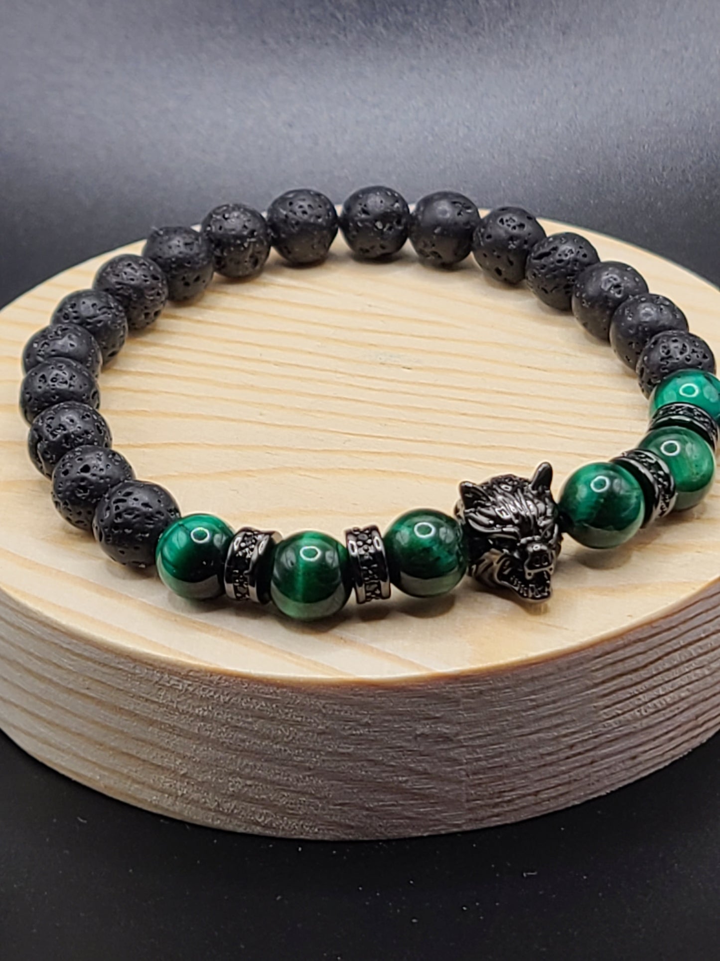 Green Tiger Eye and Lava Stone- Natural Gemstone Beaded Bracelet with Wolf Head Spacer.