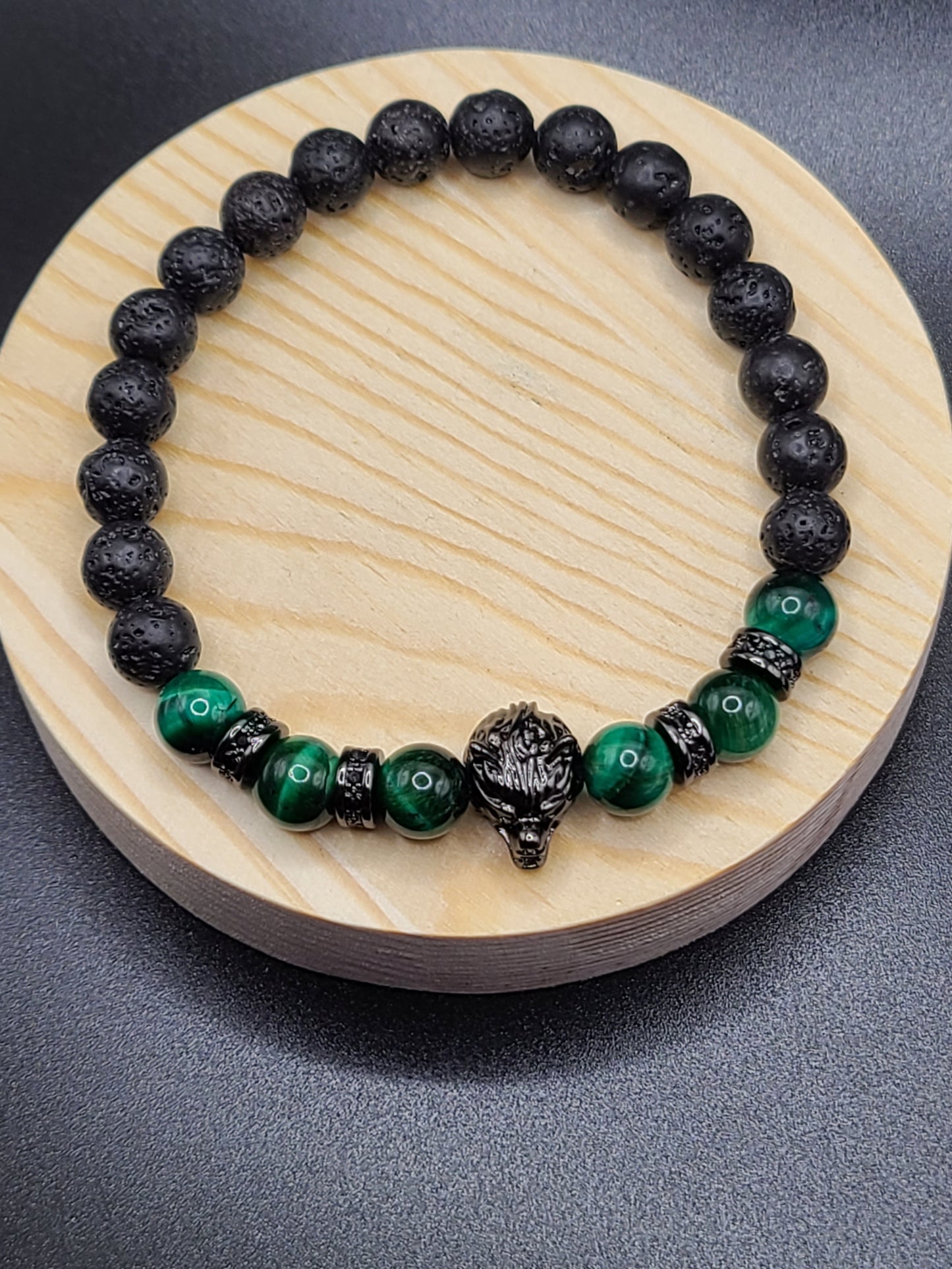 Green Tiger Eye and Lava Stone- Natural Gemstone Beaded Bracelet with Wolf Head Spacer.