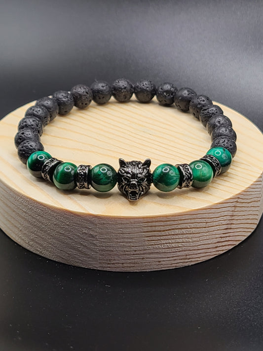 Green Tiger Eye and Lava Stone- Natural Gemstone Beaded Bracelet with Wolf Head Spacer.