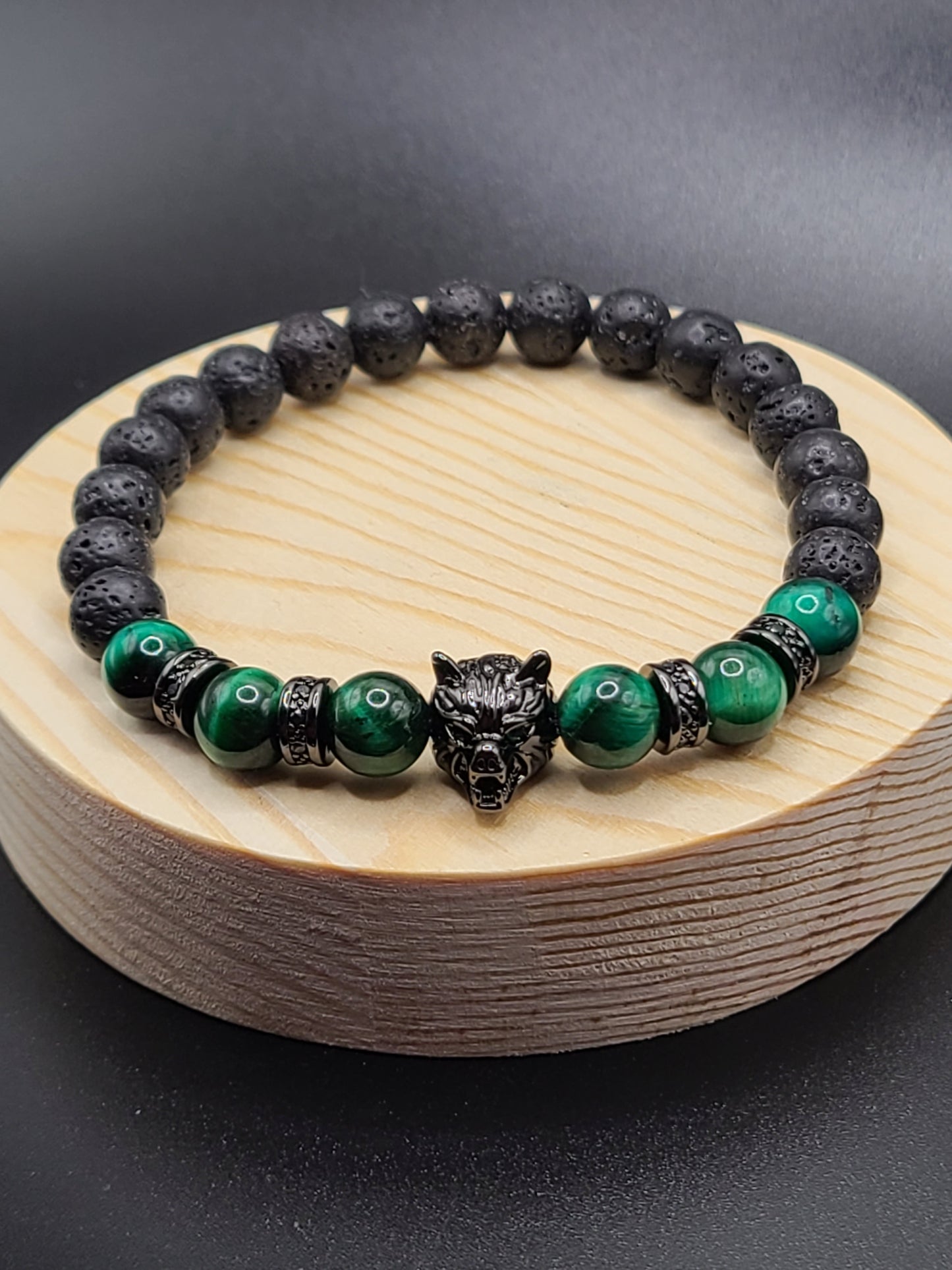 Green Tiger Eye and Lava Stone- Natural Gemstone Beaded Bracelet with Wolf Head Spacer.