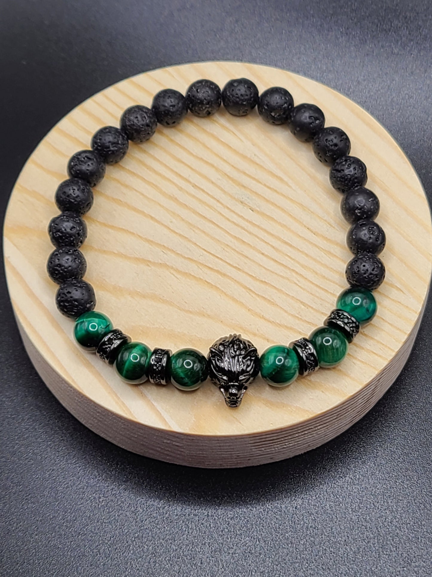 Green Tiger Eye and Lava Stone- Natural Gemstone Beaded Bracelet with Wolf Head Spacer.