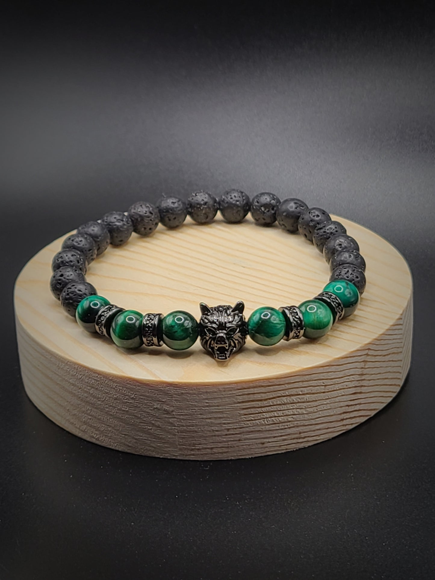 Green Tiger Eye and Lava Stone- Natural Gemstone Beaded Bracelet with Wolf Head Spacer.