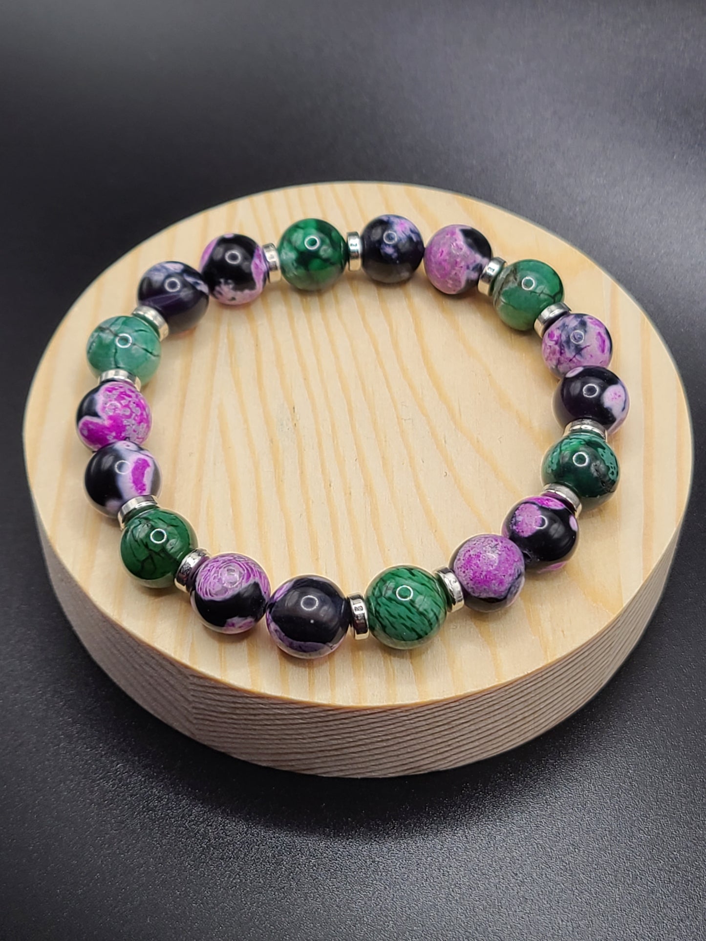 Pink Zebra and Green Dragon Agate 10mm- Natural Gemstone Beaded Bracelet with Spacers