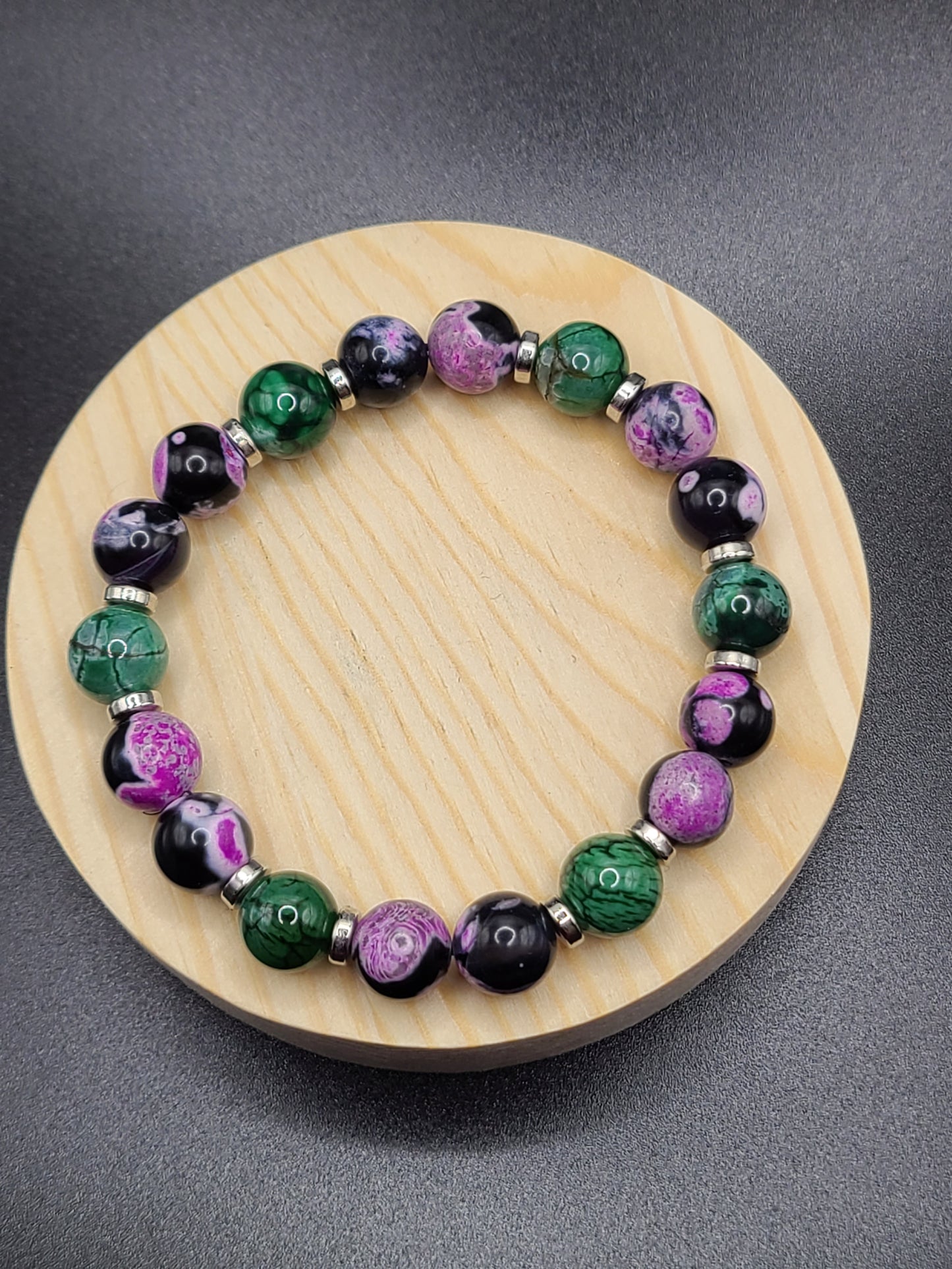 Pink Zebra and Green Dragon Agate 10mm- Natural Gemstone Beaded Bracelet with Spacers