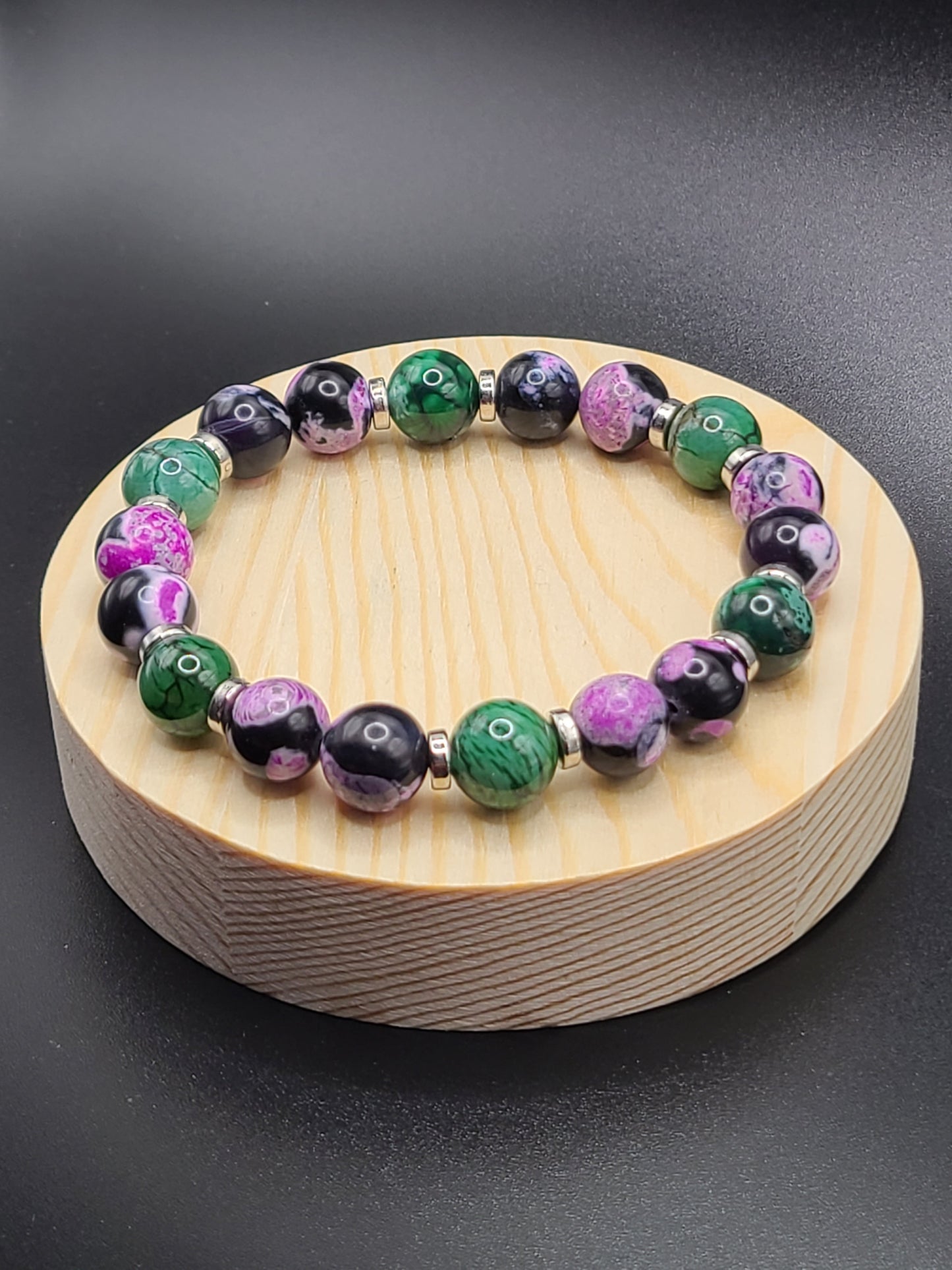 Pink Zebra and Green Dragon Agate 10mm- Natural Gemstone Beaded Bracelet with Spacers