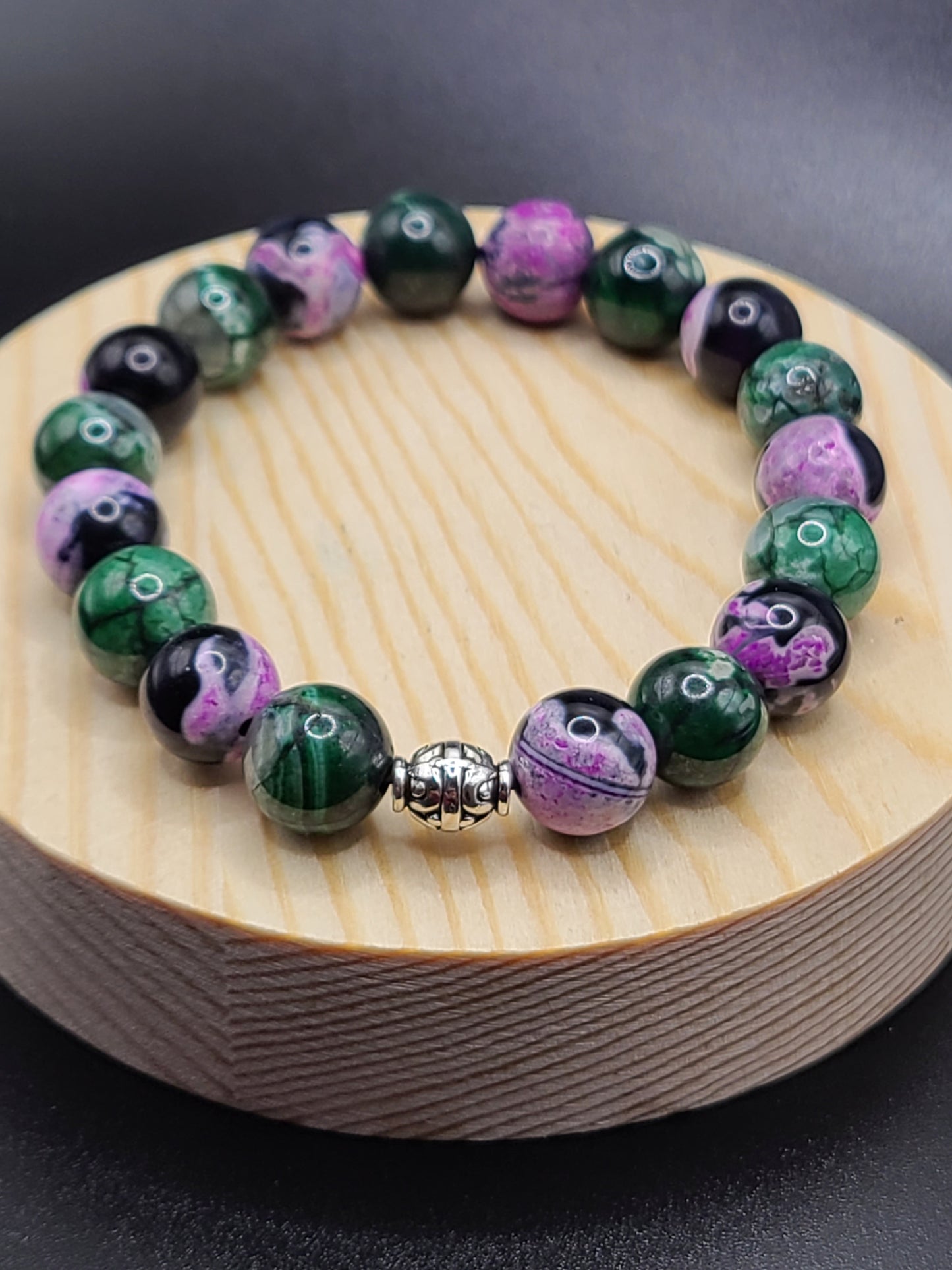 Pink Zebra and Green Dragon Agate 10mm Natural Gemstone Beaded Bracelet with Spacer