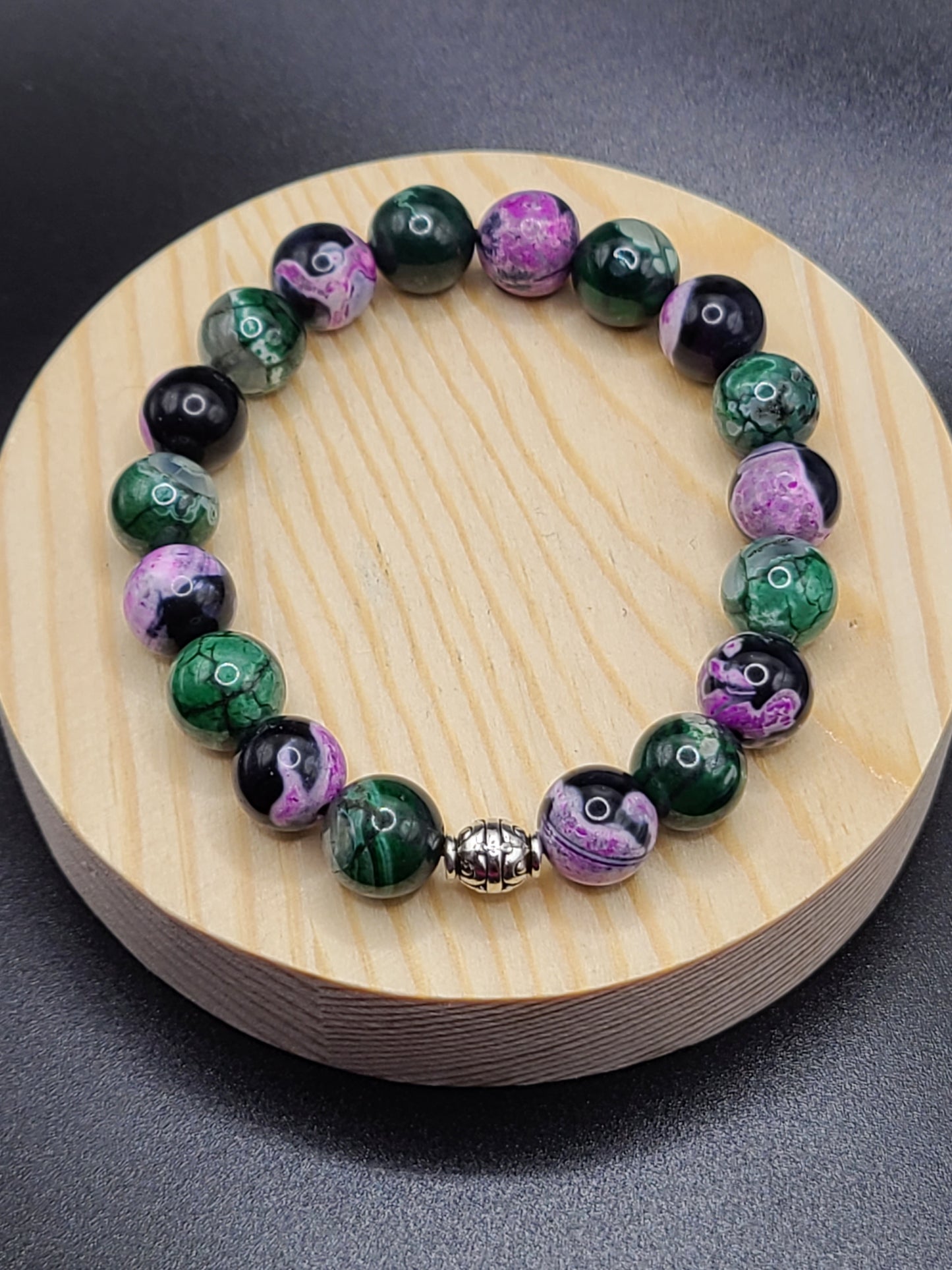 Pink Zebra and Green Dragon Agate 10mm Natural Gemstone Beaded Bracelet with Spacer