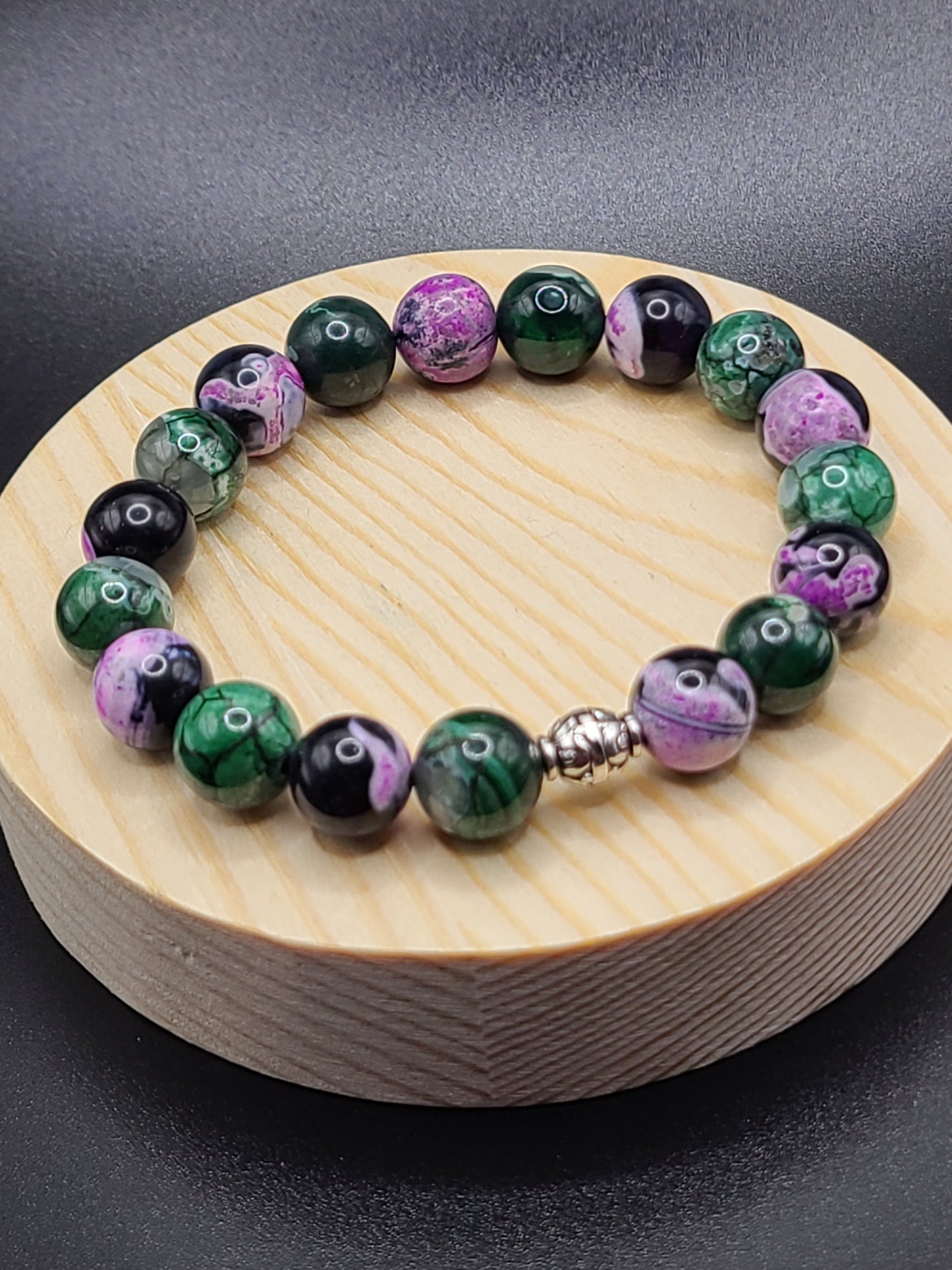 Pink Zebra and Green Dragon Agate 10mm Natural Gemstone Beaded Bracelet with Spacer