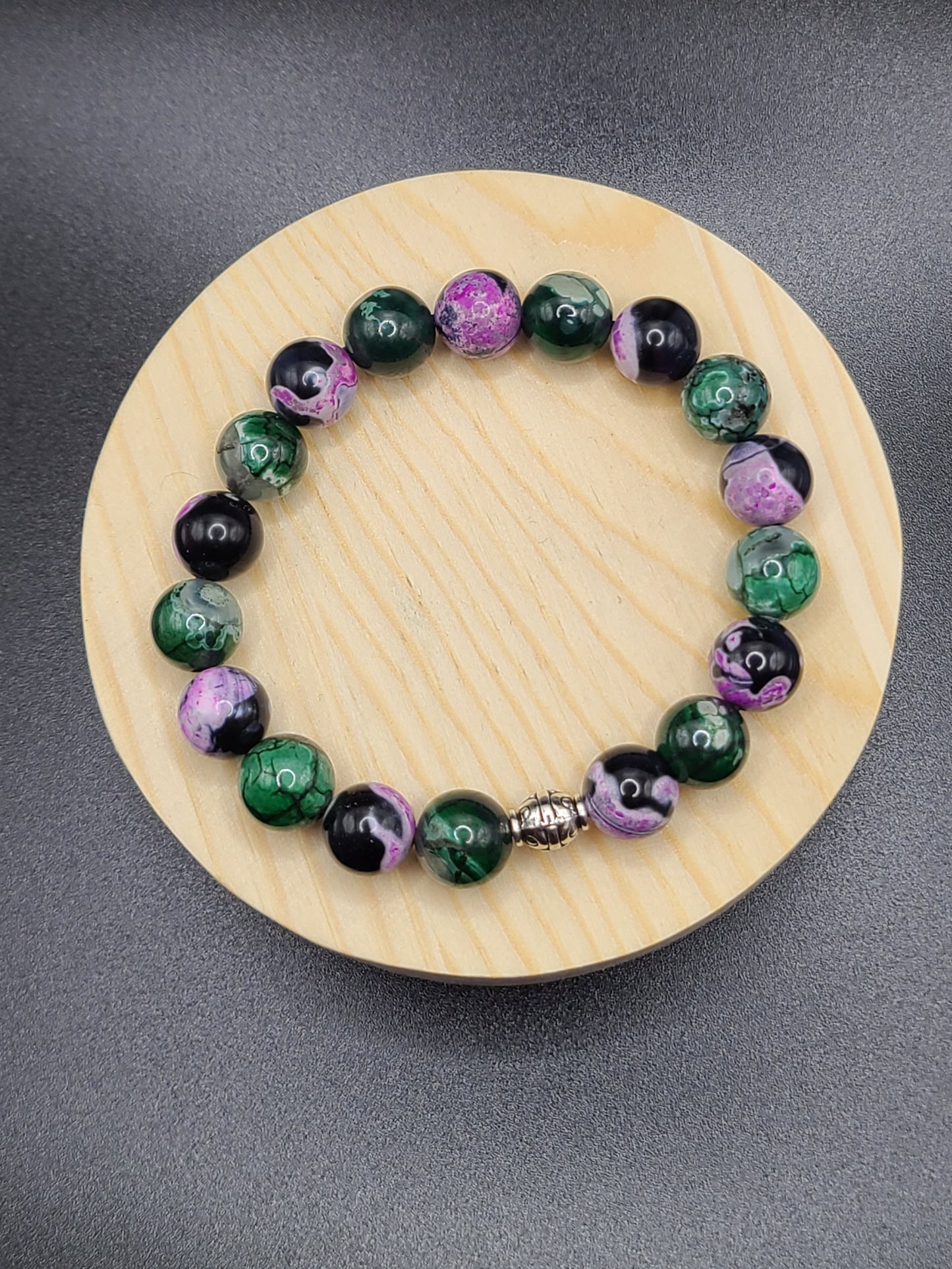 Pink Zebra and Green Dragon Agate 10mm Natural Gemstone Beaded Bracelet with Spacer